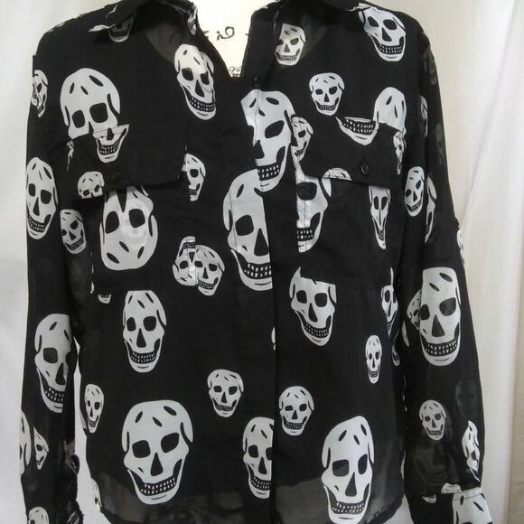 Sheer Skull Face Skeleton Button Front Shirt Open Back Roll Tab Sleeve Halloween - Picture 1 of 12